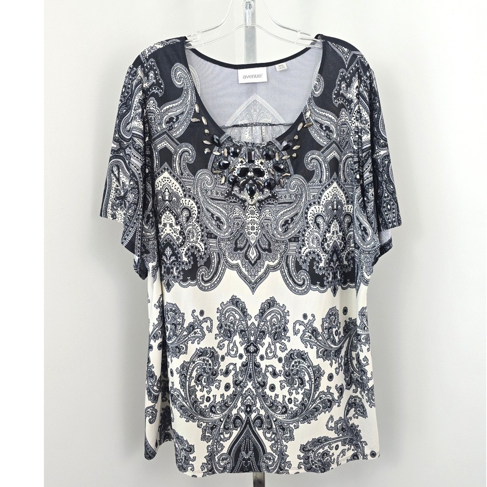 Avenue Beaded Scoop‎ Neckline Paisley Print Short Sleeve Top Black Multi 18/20